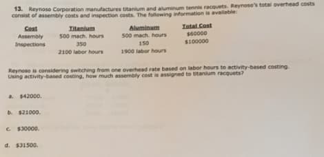 13. Reynoso Corporation manufactures titanium and aluminum tennis racquets. Reynoso's total overhead costs
consist of assembly costs and inspection costs. The following information is avalable:
Tatal Cost
S60000
Cost
Titanium
Aluminum
Assembly
500 mach. hours
500 mach. hours
150
$100000
Inspections
350
2100 labor hours
1900 labor hours
Reynoso is considering switching from one overhead rate based on labor hours to activity-based costing
Using activity-based costing, how much assembly cost is assigned to titanlum racquets?
a $42000.
b. $21000.
C $30000.
d. $31500.
