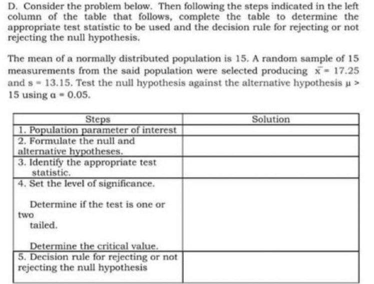 D. Consider the problem below. Then following the steps indicated in the left
column of the table that follows, complete the table to determine the
appropriate test statistic to be used and the decision rule for rejecting or not
rejecting the null hypothesis.
The mean of a normally distributed population is 15. A random sample of 15
measurements from the said population were selected producing x 17.25
and s 13.15. Test the null hypothesis against the alternative hypothesis u>
15 using a 0.05.
Steps
Solution
1. Population parameter of interest
2. Formulate the null and
alternative hypotheses.
3. Identify the appropriate test
statistic.
4. Set the level of significance.
Determine if the test is one or
two
tailed.
Determine the critical value.
5. Decision rule for rejecting or not
rejecting the null hypothesis
