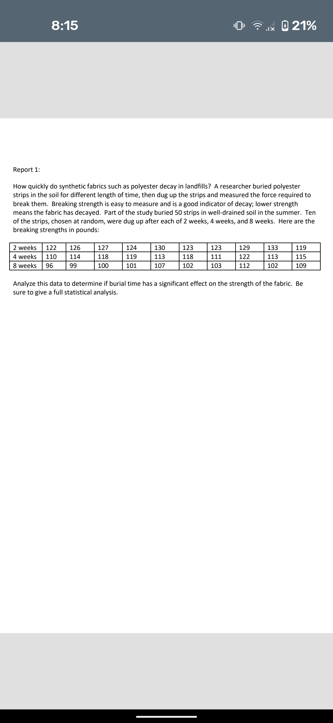 8:15
A @ 21%
Report 1:
How quickly do synthetic fabrics such as polyester decay in landfills? A researcher buried polyester
strips in the soil for different length of time, then dug up the strips and measured the force required to
break them. Breaking strength is easy to measure and is a good indicator of decay; lower strength
means the fabric has decayed. Part of the study buried 50 strips in well-drained soil in the summer. Ten
of the strips, chosen at random, were dug up after each of 2 weeks, 4 weeks, and 8 weeks. Here are the
breaking strengths in pounds:
2 weeks
122
126
127
124
130
123
123
129
133
119
4 weeks
110
114
118
119
113
118
111
122
113
115
8 weeks
96
99
100
101
107
102
103
112
102
109
Analyze this data to determine if burial time has a significant effect on the strength of the fabric. Be
sure to give a full statistical analysis.
