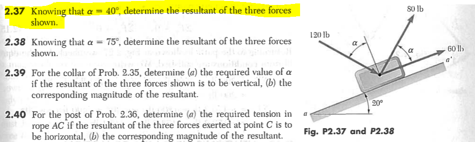 40°, determine the resultant of the three forces
2.37 Knowing that a =
shown.
