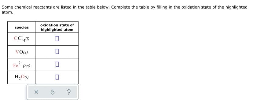 Some chemical reactants are listed in the table below. Complete the table by filling in the oxidation state of the highlighted
atom.
oxidation state of
species
highlighted atom
CCl)
VO0s)
2+
Fe (aq)
