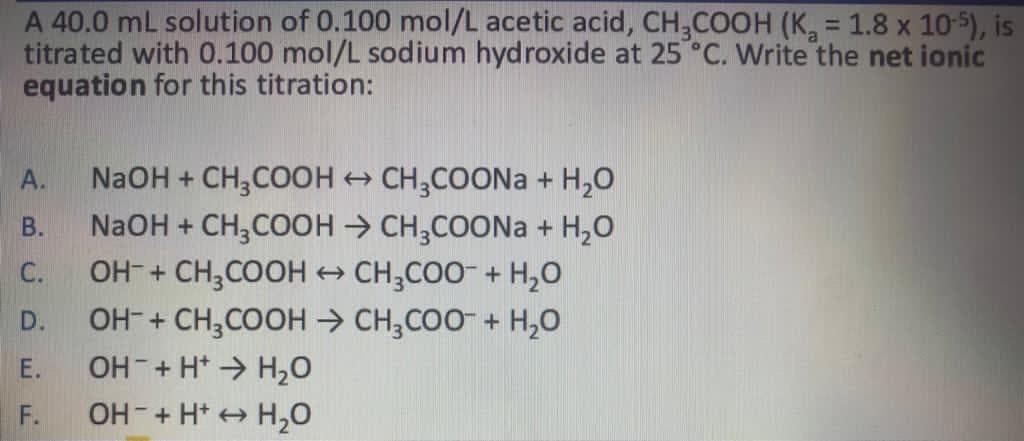 A 40.0 mL solution of 0.100 mol/L acetic acid, CH,COOH (K, = 1.8 x 10-5), is
titrated with 0.100 mol/L sodium hydroxide at 25 °C. Write the net ionic
equation for this titration:
%3D
NaOH + CH,COOH + CH,COONa + H,0
NaOH + CH,COOH > CH,COONa + H,0
OH- + CH,COOH
А.
В.
C.
+ CH,COO- + H20
OH-+ CH,COOH → CH;COO + H,0
OH + H* > H20
D.
Е.
F.
OH-+ H* + H,0
