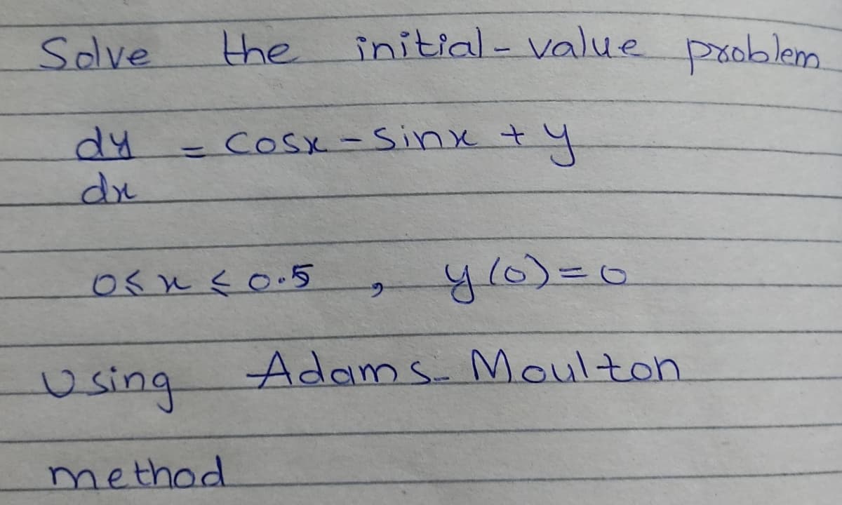 Solve
the
initial-value pxoblem.
dy
de
COSX-Sinx t
%3D
yo)%=D0
using
Adams. Moulton
method
