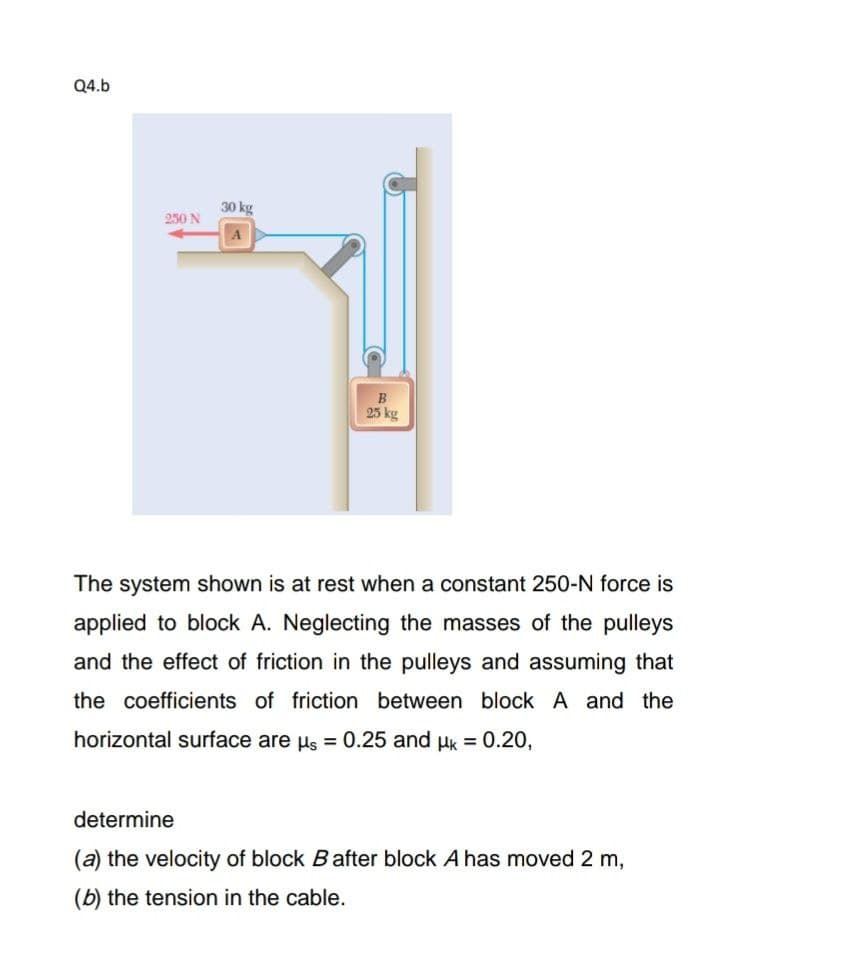 Q4.b
30 kg
250 N
A
B
25 kg
The system shown is at rest when a constant 250-N force is
applied to block A. Neglecting the masses of the pulleys
and the effect of friction in the pulleys and assuming that
the coefficients of friction between block A and the
horizontal surface are us = 0.25 and Hk = 0.20,
determine
(a) the velocity of block Bafter block A has moved 2 m,
(b) the tension in the cable.
