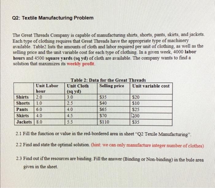 Q2: Textile Manufacturing Problem
The Great Threads Company is capable of manufacturing shirts, shorts, pants, skirts, and jackets.
Each type of clothing requires that Great Threads have the appropriate type of machinery
available. Table2 lists the amounts of cloth and labor required per unit of clothing, as well as the
selling price and the unit variable cost for each type of clothing. In a given week, 4000 labor
hours and 4500 square yards (sq yd) of cloth are available. The company wants to find a
solution that maximizes its weekly profit.
Unit Labor
hour
2.0
1.0
Shirts
Shorts
Pants 6.0
Skirts 4.0
Jackets 8.0
Table 2: Data for the Great Threads
Unit Cloth Selling price Unit variable cost
(sq yd)
3.0
2.5
4.0
4.5
5.5
$35
$40
$65
$70
$110
$20
$10
$25
30
$35
2.1 Fill the function or value in the red-bordered area in sheet "Q2 Texile Manufacturing".
2.2 Find and state the optimal solution. (hint: we can only manufacture integer number of clothes)
2.3 Find out if the resources are binding. Fill the answer (Binding or Non-binding) in the bule area
given in the sheet.