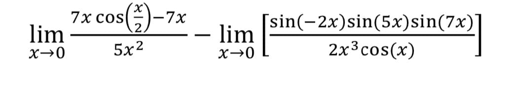 7x cos
х
-7x
- lim
[sin(-2x)sin(5x)sin(7x)]
2x3cos(x)
lim
5x2
х>0
