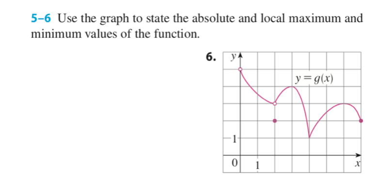 5-6 Use the graph to state the absolute and local maximum and
minimum values of the function.
6. yA
y=g(x)
-1-
1
