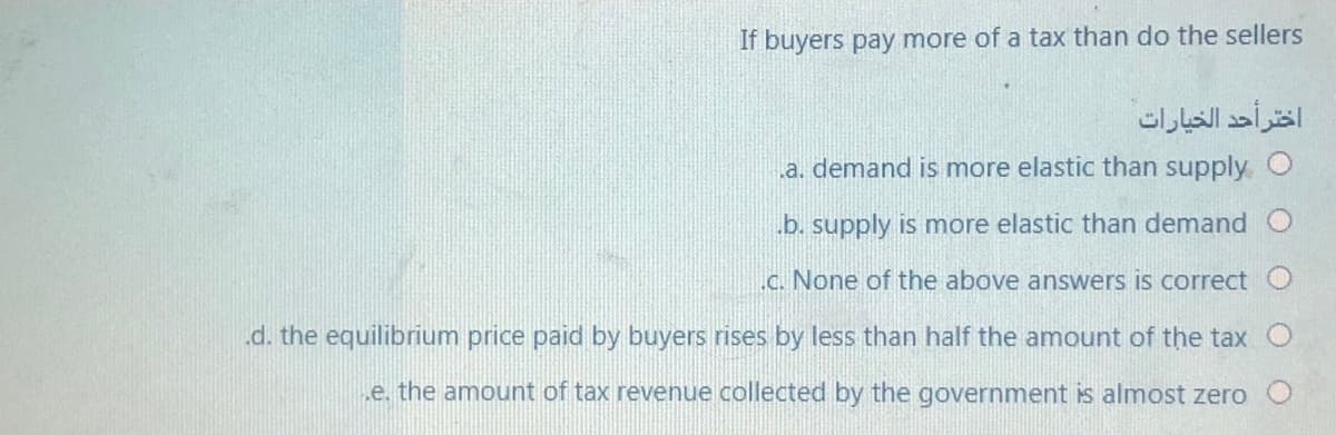 If buyers pay more of a tax than do the sellers
اختر أحد الخيارات
a. demand is more elastic than supply O
.b. supply is more elastic than demand O
C. None of the above answers is correct O
.d. the equilibrium price paid by buyers rises by less than half the amount of the tax
„e. the amount of tax revenue collected by the government is almost zero
