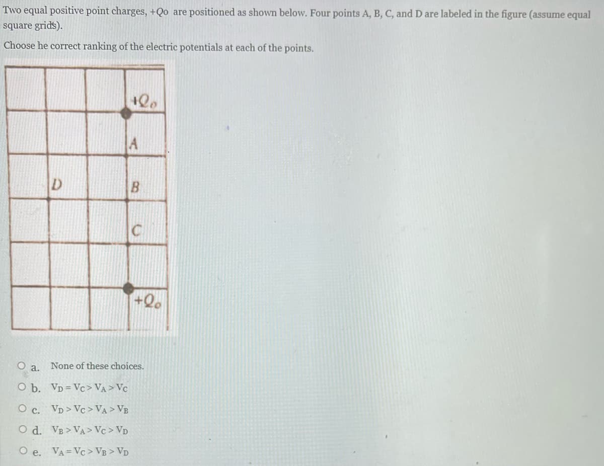 Two equal positive point charges, +Qo are positioned as shown below. Four points A, B, C, and D are labeled in the figure (assume equal
square grids).
Choose he correct ranking of the electric potentials at each of the points.
100
A
O a.
O b.
VD=Vc> VA> Vc
OC.
VD> Vc> VA> VB
O d.
VB> VA> VC > VD
O e. VA=Vc> VB > VD
B
+Qo
None of these choices.