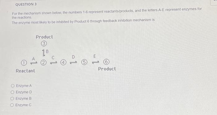 QUESTION 3
For the mechanism shown below, the numbers 1-6 represent reactants/products, and the letters A-E represent enzymes for
the reactions.
The enzyme most likely to be inhibited by Product 6 through feedback inhibition mechanism is
Reactant
Enzyme A
Enzyme D
Enzyme B
Enzyme C
Product
18
2
Product