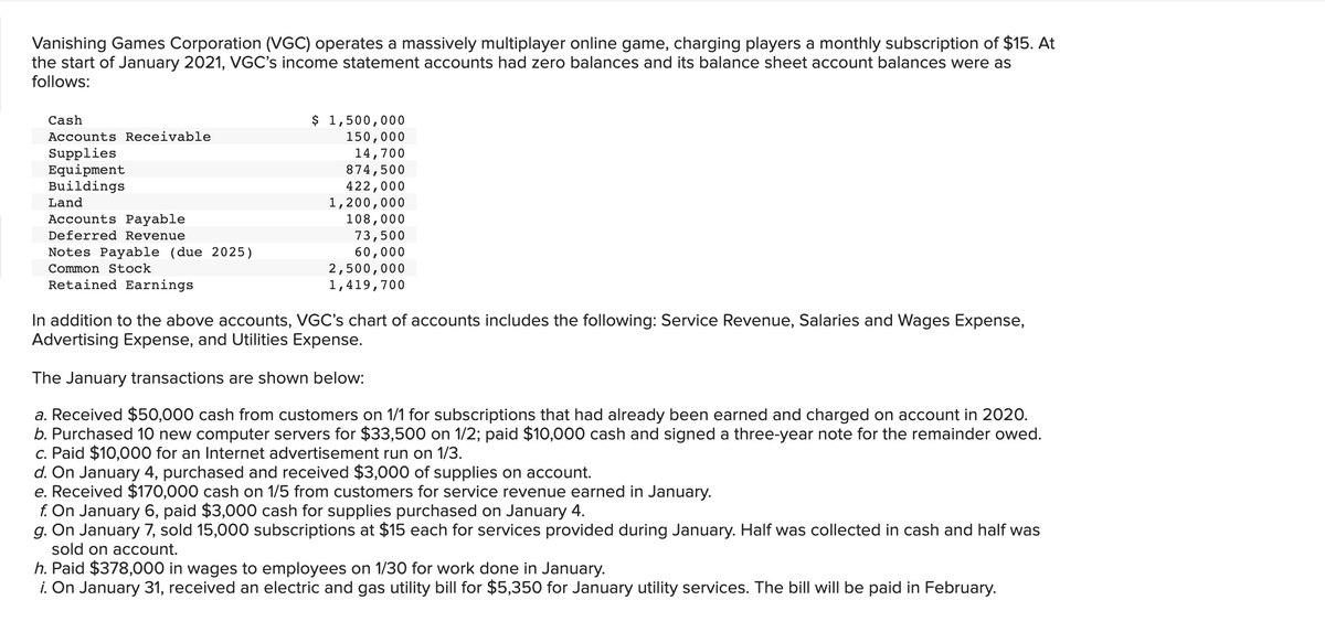 Vanishing Games Corporation (VGC) operates a massively multiplayer online game, charging players a monthly subscription of $15. At
the start of January 2021, VGC's income statement accounts had zero balances and its balance sheet account balances were as
follows:
Cash
Accounts Receivable
Supplies
Equipment
Buildings
Land
Accounts Payable
Deferred Revenue
Notes Payable (due 2025)
Common Stock
Retained Earnings
$ 1,500,000
150,000
14,700
874,500
422,000
1,200,000
108,000
73,500
60,000
2,500,000
1,419,700
In addition to the above accounts, VGC's chart of accounts includes the following: Service Revenue, Salaries and Wages Expense,
Advertising Expense, and Utilities Expense.
The January transactions are shown below:
a. Received $50,000 cash from customers on 1/1 for subscriptions that had already been earned and charged on account in 2020.
b. Purchased 10 new computer servers for $33,500 on 1/2; paid $10,000 cash and signed a three-year note for the remainder owed.
c. Paid $10,000 for an Internet advertisement run on 1/3.
d. On January 4, purchased and received $3,000 of supplies on account.
e. Received $170,000 cash on 1/5 from customers for service revenue earned in January.
f. On January 6, paid $3,000 cash for supplies purchased on January 4.
g. On January 7, sold 15,000 subscriptions at $15 each for services provided during January. Half was collected in cash and half was
sold on account.
h. Paid $378,000 in wages to employees on 1/30 for work done in January.
i. On January 31, received an electric and gas utility bill for $5,350 for January utility services. The bill will be paid in February.