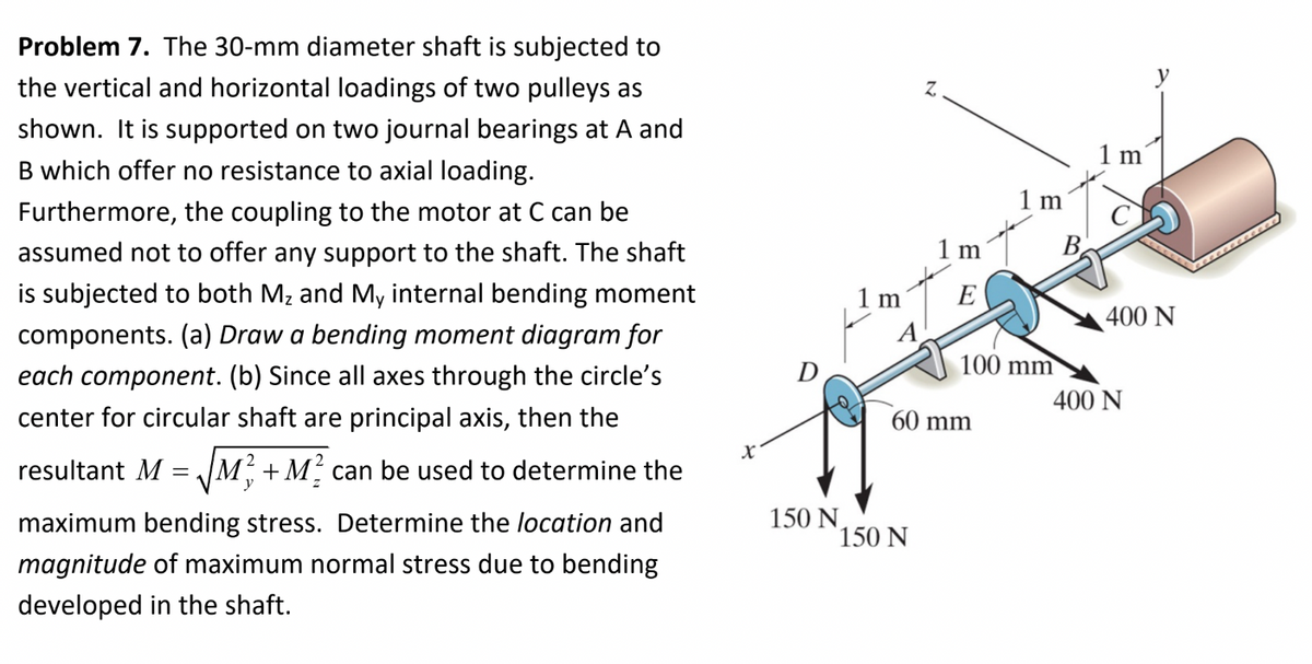 Problem 7. The 30-mm diameter shaft is subjected to
the vertical and horizontal loadings of two pulleys as
shown. It is supported on two journal bearings at A and
B which offer no resistance to axial loading.
Furthermore, the coupling to the motor at C can be
assumed not to offer any support to the shaft. The shaft
is subjected to both Mz and My internal bending moment
components. (a) Draw a bending moment diagram for
each component. (b) Since all axes through the circle's
center for circular shaft are principal axis, then the
resultant M = √M²+ M² can be used to determine the
y
maximum bending stress. Determine the location and
magnitude of maximum normal stress due to bending
developed in the shaft.
X
150 N
1 m
2
150 N
1 m
E
60 mm
1 m
100 mm
1 m
400 N
400 N