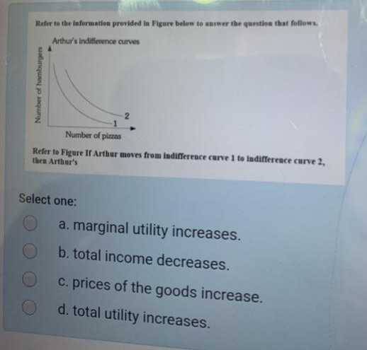 Refer to the information provided in Figure below to answer the question that follows.
Arthur's Indifference curves
Number of pizzas
Refer to Figure Ifr Arthur moves from indifference curve 1 to indifference curve 2,
then Arthur's
Select one:
a. marginal utility increases.
b. total income decreases.
C. prices of the goods increase.
d. total utility increases.
Number of hamburgens
