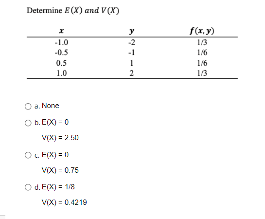 Determine E (X) and V (X)
у
f(x, y)
-1.0
-2
1/3
-0.5
-1
1/6
0.5
1
1/6
1.0
1/3
a. None
O b. E(X) = 0
V(X) = 2.50
O c. E(X) = 0
V(X) = 0.75
O d. E(X) = 1/8
V(X) = 0.4219

