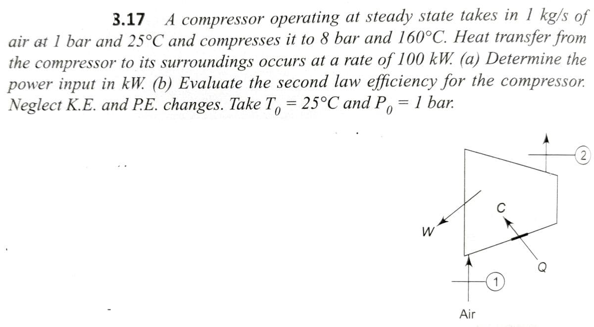 3.17 A compressor operating at steady state takes in 1 kg/s of
air at 1 bar and 25°C and compresses it to 8 bar and 160°C. Heat transfer from
the compressor to its surroundings occurs at a rate of 100 kW. (a) Determine the
power input in kW. (b) Evaluate the second law efficiency for the compressor.
Neglect K.E. and
P.E. changes. Take T = 25°C and P
= 1 bar
2
с
W
I
Air
1