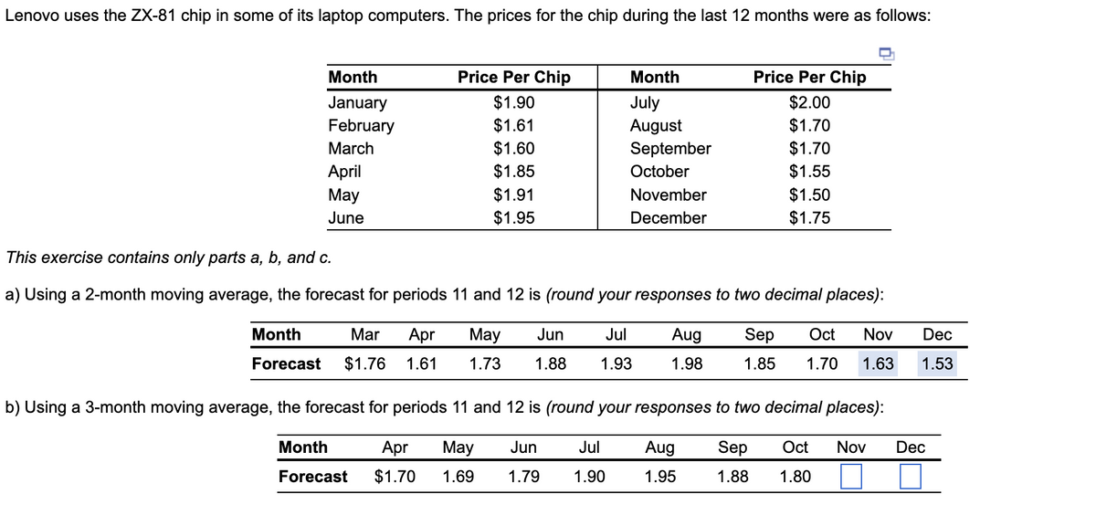 Lenovo uses the ZX-81 chip in some of its laptop computers. The prices for the chip during the last 12 months were as follows:
Month
January
February
March
Month
Forecast
April
May
June
Price Per Chip
$1.90
$1.61
$1.60
$1.85
$1.91
$1.95
Month
July
August
September
October
This exercise contains only parts a, b, and c.
a) Using a 2-month moving average, the forecast for periods 11 and 12 is (round your responses
Mar Apr May Jun
Jul Aug
$1.76 1.61 1.73 1.88 1.93 1.98
Jul
1.90
November
December
Price Per Chip
$2.00
$1.70
$1.70
$1.55
$1.50
$1.75
two decimal places):
Sep Oct Nov Dec
1.85 1.70 1.63 1.53
b) Using a 3-month moving average, the forecast for periods 11 and 12 is (round your responses to two decimal places):
Aug Sep Oct Nov Dec
Month Apr May Jun
Forecast $1.70 1.69 1.79
1.95
1.88 1.80