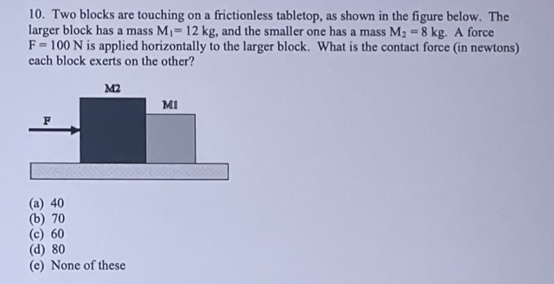 10. Two blocks are touching on a frictionless tabletop, as shown in the figure below. The
larger block has a mass M₁= 12 kg, and the smaller one has a mass M₂ = 8 kg. A force
F = 100 N is applied horizontally to the larger block. What is the contact force (in newtons)
each block exerts on the other?
F
(a) 40
(b) 70
M2
(c) 60
(d) 80
(e) None of these
MI