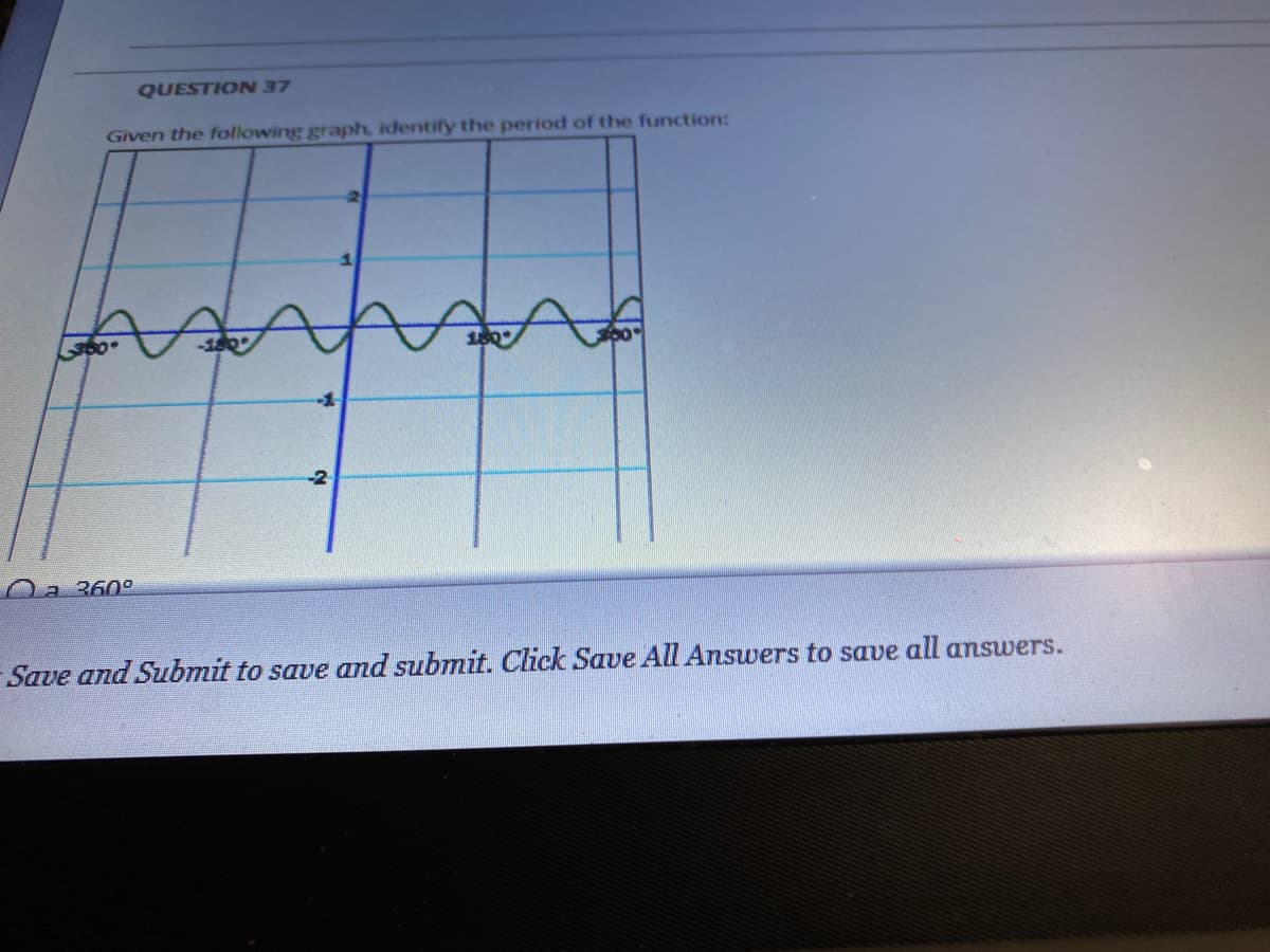 QUESTIONN 37
Given the following graph, identify the period of the function:
-2
Oa 360o
Save and Submit to save and submit. Click Save All Answers to save all answers.
