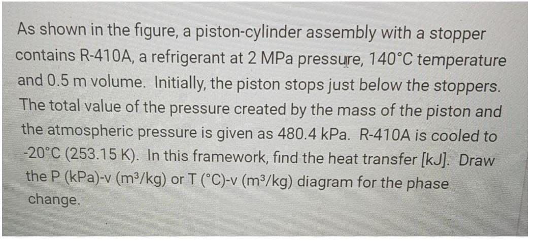 As shown in the figure, a piston-cylinder assembly with a stopper
contains R-410A, a refrigerant at 2 MPa pressure, 140°C temperature
and 0.5 m volume. Initially, the piston stops just below the stoppers.
The total value of the pressure created by the mass of the piston and
the atmospheric pressure is given as 480.4 kPa. R-410A is cooled to
-20°C (253.15 K). In this framework, find the heat transfer [kJ]. Draw
the P (kPa)-v (m³/kg) or T (°C)-v (m³/kg) diagram for the phase
change.