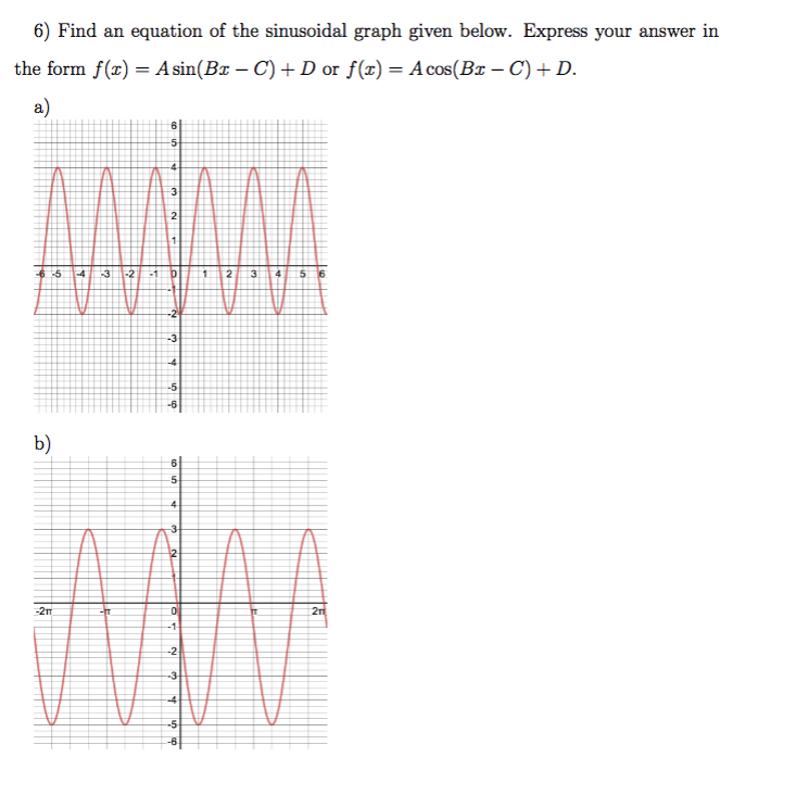 6) Find an equation of the sinusoidal graph given below. Express your answer in
the form f (x) A sin(Bx - C)D or f(z) Acos(Bx - C) D
a)
6
4-
3
2
1
6-5
4
-21
3
2
3
5
4
-2
-3
-4
-5
-6
b)
6
5
4
3
2
2n
2m
-1
-2
-3
-4
-5
-6
