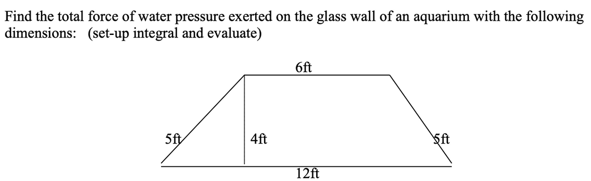 Find the total force of water pressure exerted on the glass wall of an aquarium with the following
dimensions: (set-up integral and evaluate)
6ft
5ft
4ft
Şft
12ft
