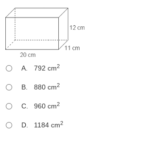 12 cm
V11 cm
20 cm
O A. 792 cm2
о в. 880 сm?
ос. 960 ст?
D. 1184 cm?
