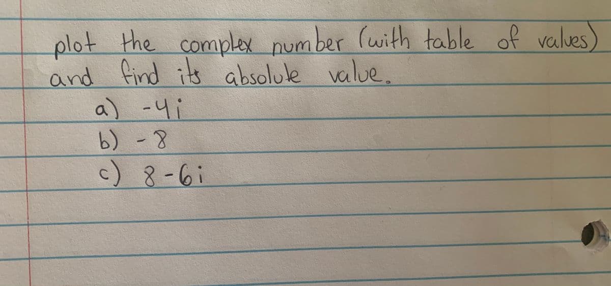 plot the complex number (with table of valves)
and find its absolule value.
a) -4;
b)-8
c)8-6i
