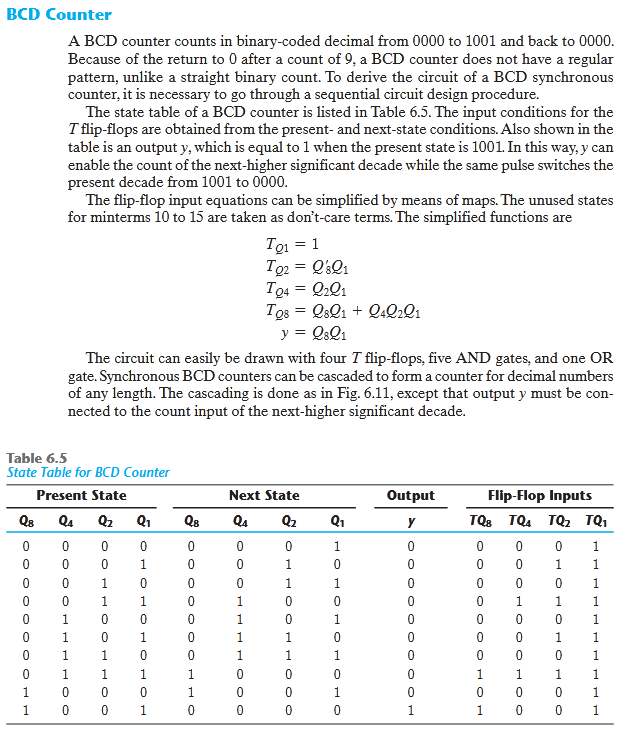 BCD Counter
A BCD counter counts in binary-coded decimal from 0000 to 1001 and back to 0000.
Because of the return to 0 after a count of 9, a BCD counter does not have a regular
pattern, unlike a straight binary count. To derive the circuit of a BCD synchronous
counter, it is necessary to go through a sequential circuit design procedure.
The state table of a BCD counter is listed in Table 6.5. The input conditions for the
T flip-flops are obtained from the present- and next-state conditions. Also shown in the
table is an output y, which is equal to 1 when the present state is 1001. In this way, y can
enable the count of the next-higher significant decade while the same pulse switches the
present decade from 1001 to 0000.
The flip-flop input equations can be simplified by means of maps. The unused states
for minterms 10 to 15 are taken as don't-care terms. The simplified functions are
= 1
To2 = Q&Q1
T94
Tos = Q8Q1 + Q:Q»Q1
y = Q&Q1
The circuit can easily be drawn with four T flip-flops, five AND gates, and one OR
gate. Synchronous BCD counters can be cascaded to form a counter for decimal numbers
of any length. The cascading is done as in Fig. 6.11, except that output y must be con-
nected to the count input of the next-higher significant decade.
Table 6.5
State Table for BCD Counter
Present State
Next State
Output
Flip-Flop Inputs
Q8
Q1
Q8
Q4
Q2
y
TQs TQ4 TQ2 TQ1
1
1
1
0
1
1
1
1
1
1
1.
1
1
1
1.
1.
1.
1.
1.
1
1
1
1.
1
1.
1
1.
1
1
1.
1
1.
1
1.
1.
1
1.
1
1
1
1
1
