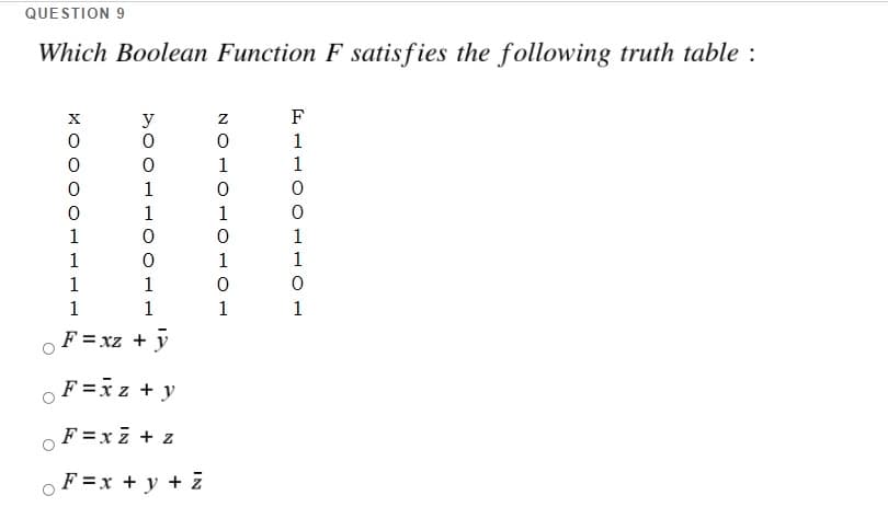 QUESTION 9
Which Boolean Function F satisfies the following truth table :
y
z
F
1
1
1
1
1
1
1
1
1
1
1
1
1
1
1
1
1
F = xz + y
O
F =x z + y
F =xz + z
oF =x + y + z
X O O O C
