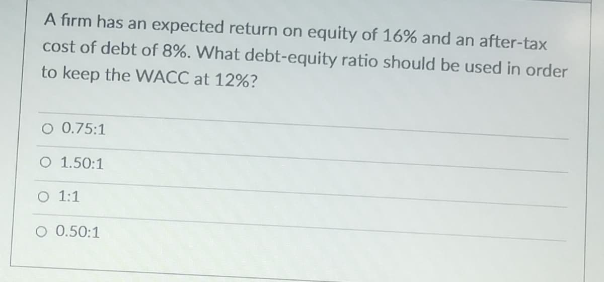 A firm has an expected return on equity of 16% and an after-tax
cost of debt of 8%. What debt-equity ratio should be used in order
to keep the WACC at 12%?
0.75:1
1.50:1
O 1:1
0.50:1