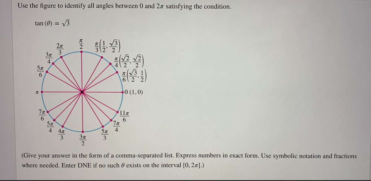 Use the figure to identify all angles between 0 and 2n satisfying the condition.
tan (0) = V3
V3
3\2' 2
2n
37
1V2 /2
4
5л
6 2 2
0 (1,0)
11
6.
5л
4 47
5n
3
3
2
(Give your answer in the form of a comma-separated list. Express numbers in exact form. Use symbolic notation and fractions
where needed. Enter DNE if no such 0 exists on the interval [0, 27].)
