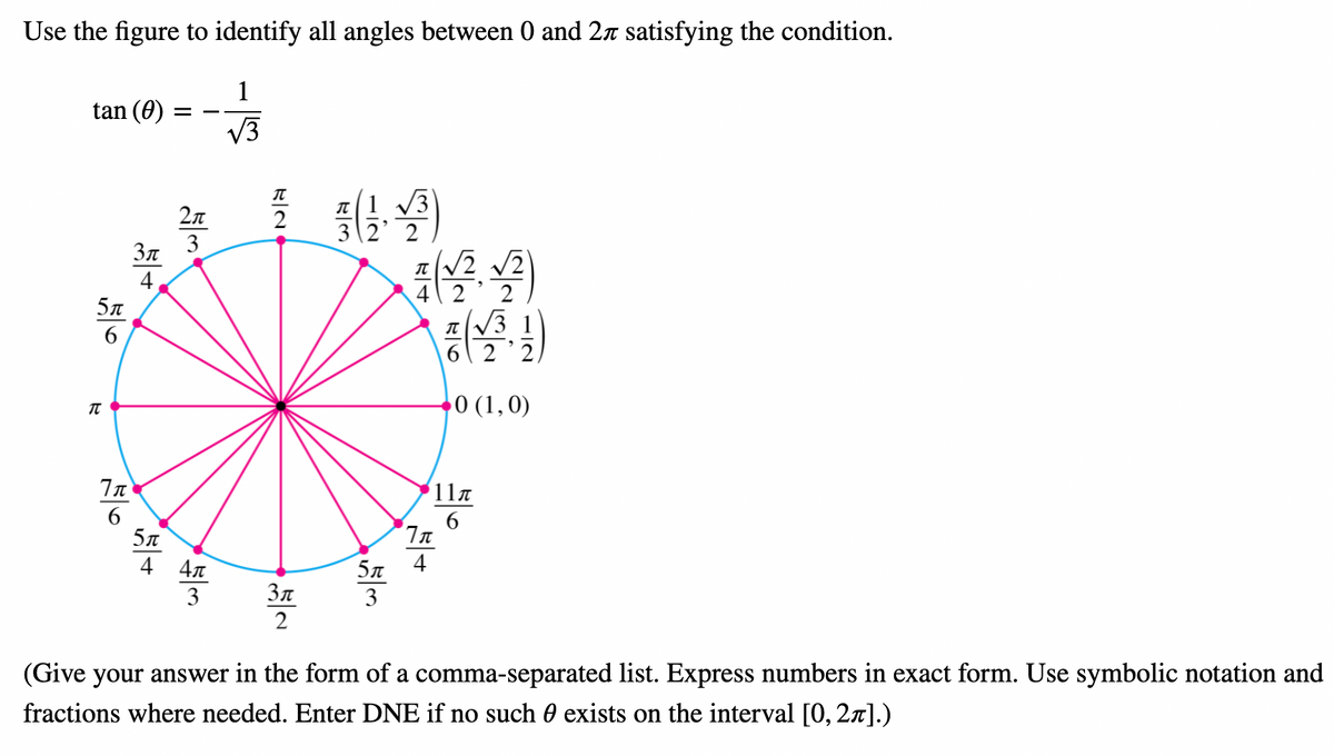 Use the figure to identify all angles between 0 and 27 satisfying the condition.
1
tan (0)
V3
2n
2
3\2'
2
3
Зл
4
5л
2
6
0 (1,0)
11a
5n
4 4л
5л
4
3
Зл
3
2
(Give your answer in the form of a comma-separated list. Express numbers in exact form. Use symbolic notation and
fractions where needed. Enter DNE if no such 0 exists on the interval [0, 27].)
