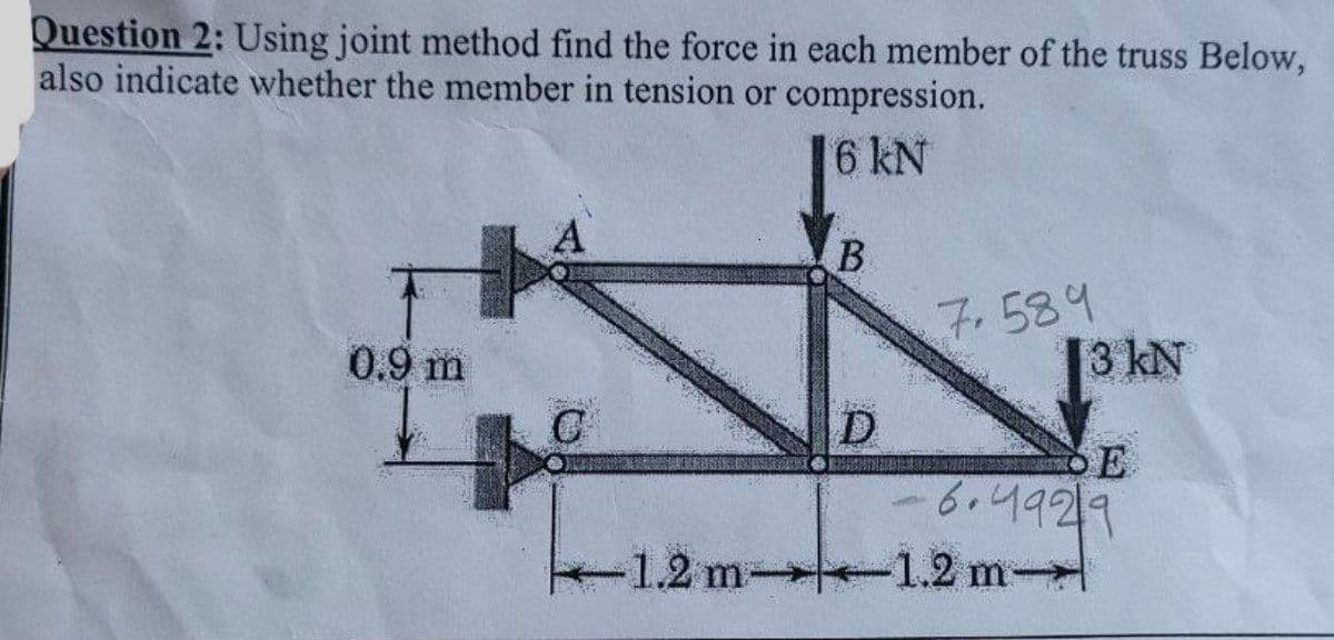 Question 2: Using joint method find the force in each member of the truss Below,
also indicate whether the member in tension or compression.
16 kN
0.9 m
C
B
F
D
7,589
13 kN
DE
-6.4929
1.2 m-1.2 m-