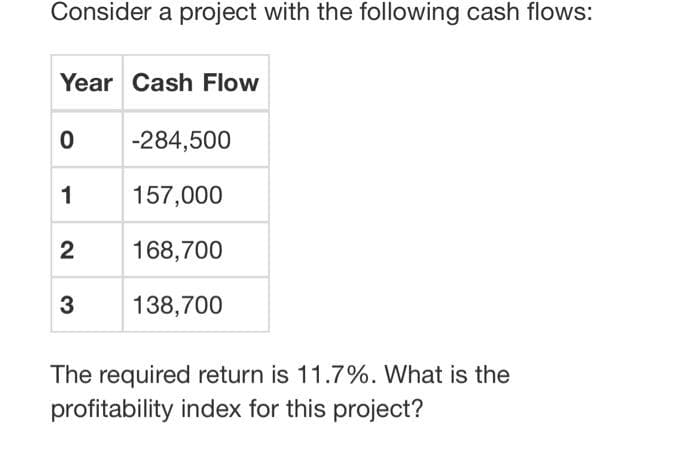 Consider a project with the following cash flows:
Year Cash Flow
0
1
2
3
-284,500
157,000
168,700
138,700
The required return is 11.7%. What is the
profitability index for this project?