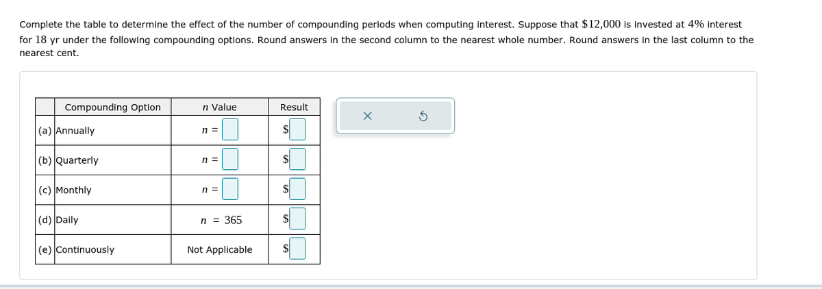 Complete the table to determine the effect of the number of compounding periods when computing interest. Suppose that $12,000 is invested at 4% interest
for 18 yr under the following compounding options. Round answers in the second column to the nearest whole number. Round answers in the last column to the
nearest cent.
Compounding Option
n Value
Result
(a) Annually
n =
(b) Quarterly
n =
(c) Monthly
n =
(d) Daily
n = 365
(e) Continuously
Not Applicable
