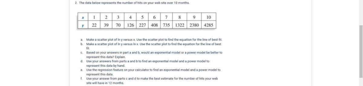 2. The data below represents the number of hits on your web site over 10 months.
2
3.
5
7
8.
10
22
39
70
126 227
408 735
1322
2380 4285
a. Make a scatter plot of In y versus x. Use the scatter plot to find the equation for the line of best fit.
b. Make a scatter plot of In y versus In x. Use the scatter plot to find the equation for the line of best
fit.
c. Based on your answers in part a and b, would an exponential model or a power model be better to
represent this data? Explain.
d. Use your answers from parts a and b to find an exponential model and a power model to
represent this data by hand.
Use the regression feature on your calculator to find an exponential model and a power model to
represent this data.
f. Use your answer from parts c and d to make the best estimate for the number of hits your web
site will have in 12 months.
