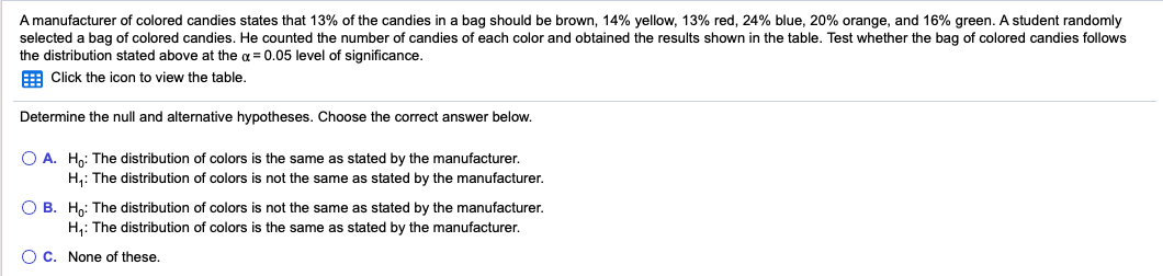 A manufacturer of colored candies states that 13% of the candies in a bag should be brown, 14% yellow, 13% red, 24% blue, 20% orange, and 16% green. A student randomly
selected a bag of colored candies. He counted the number of candies of each color and obtained the results shown in the table. Test whether the bag of colored candies follows
the distribution stated above at the a = 0.05 level of significance.
E Click the icon to view the table.
Determine the null and alternative hypotheses. Choose the correct answer below.
O A. Ho: The distribution of colors is the same as stated by the manufacturer.
H,: The distribution of colors is not the same as stated by the manufacturer.
O B. H: The distribution of colors is not the same as stated by the manufacturer.
H,: The distribution of colors is the same as stated by the manufacturer.
O C. None of these.
