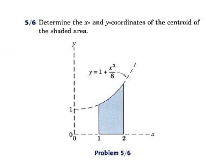5/6 Determine the x- and y-coordinates of the centroid of
the shaded area.
y =1+
8
2
Problem 5/6
