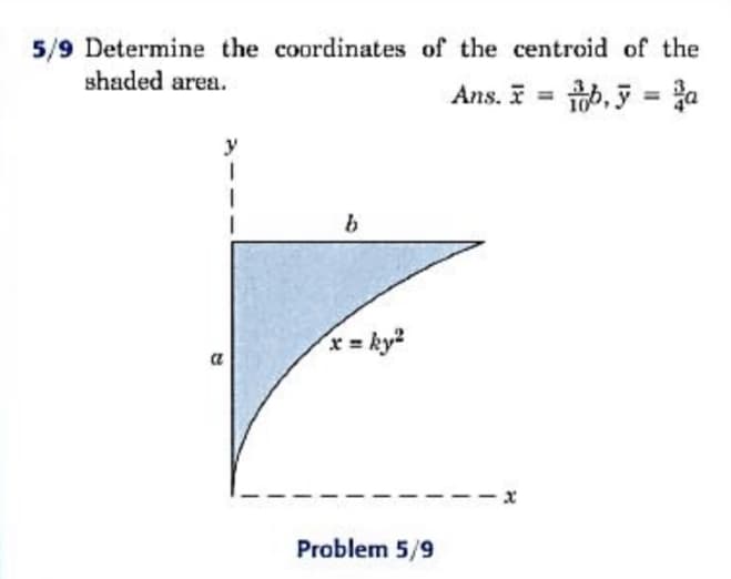 5/9 Determine the coordinates of the centroid of the
shaded area.
Ans. I = b, 5
y = a
%3D
%3D
b
a
Problem 5/9
