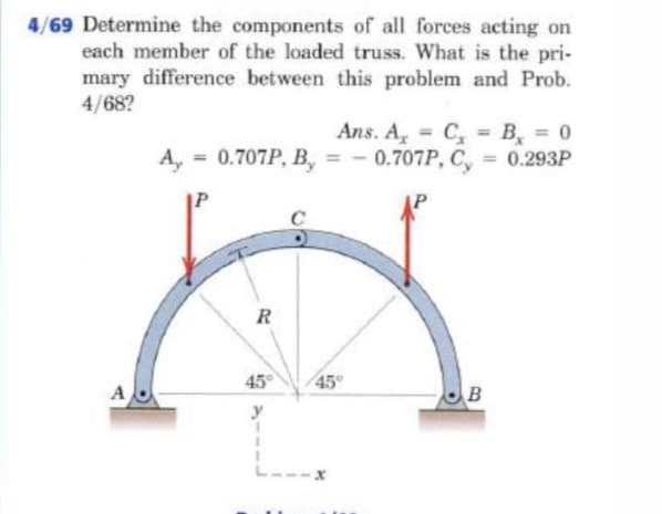 4/69 Determine the components of all forces acting on
each member of the loaded truss. What is the pri-
mary difference between this problem and Prob.
4/68?
Ans. A, C, = B, = 0
A, = 0.707P, B, = - 0.707P, C, = 0.293P
%3D
R
45°
45
B
y
