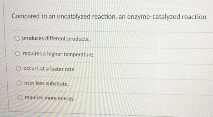 Compared to an uncatalyzed reaction, an enzyme-catalyzed reaction
O produces different products.
O requires a higher temperature.
occurs at a faster rate.
O uses less substrate.
requires more energy.
