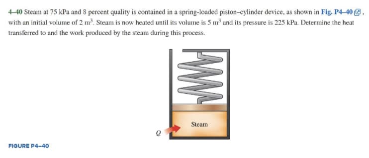4-40 Steam at 75 kPa and 8 percent quality is contained in a spring-loaded piston-cylinder device, as shown in Fig. P4-40.
with an initial volume of 2 m³. Steam is now heated until its volume is 5 m³ and its pressure is 225 kPa. Determine the heat
transferred to and the work produced by the steam during this process.
FIGURE P4-40
www
Steam