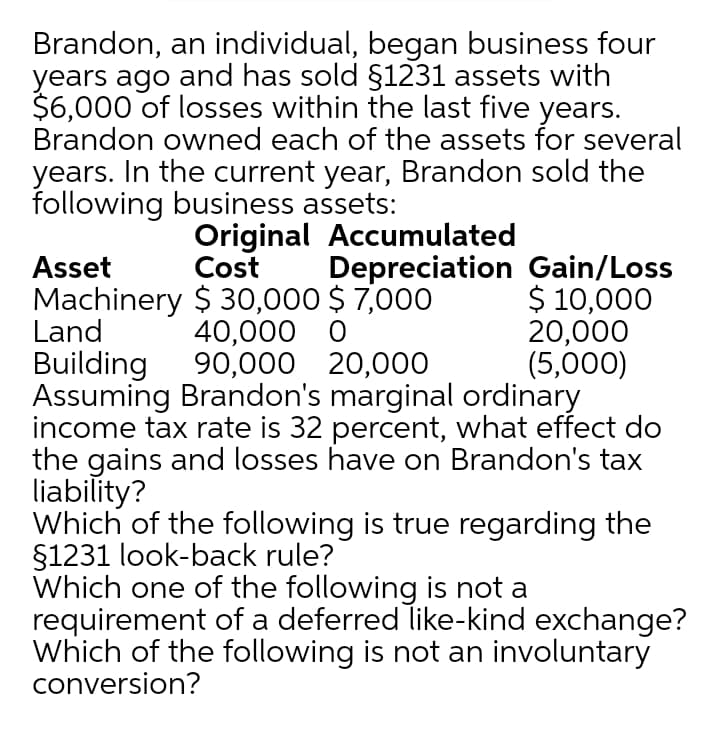 Brandon, an individual, began business four
years ago and has sold §1231 assets with
$6,000 of losses within the last five years.
Brandon owned each of the assets for several
years. In the current year, Brandon sold the
following business assets:
Original Accumulated
Cost
Depreciation Gain/Loss
$ 10,000
20,000
(5,000)
Asset
Machinery $ 30,000 $ 7,000
Land
40,000 0
Building 90,000 20,000
Assuming Brandon's marginal ordinary
income tax rate is 32 percent, what effect do
the gains and losses have on Brandon's tax
liability?
Which of the following is true regarding the
$1231 look-back rule?
Which one of the following is not a
requirement of a deferred like-kind exchange?
Which of the following is not an involuntary
conversion?
