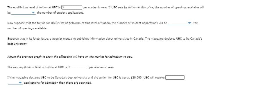 The equilibrium level of tuition at UBC is s
per academic year. If UBC sets its tuition at this price, the number of openings available will
be
the number of student applications.
Now suppose that the tuition for UBC is set at $20,000. At this level of tuition, the number of student applications will be
the
number of openings available.
Suppose that in its latest issue, a popular magazine publishes information about universities in Canada. The magazine declares UBC to be Canada's
best university.
Adjust the previous graph to show the effect this will have on the market for admission to UBC.
The new equilibrium level of tuition at UBC is s
per academic year.
If the magazine declares UBC to be Canada's best university and the tuition for UBC is set at $20,000, UBC will receive
applications for admission than there are openings.
