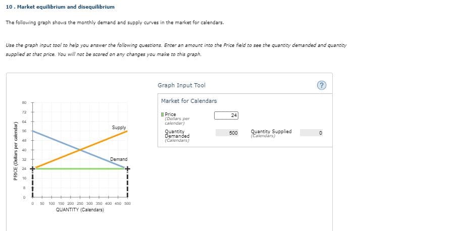 10. Market equilibrium and disequilibrium
The following graph shows the monthly demand and supply curves in the market for calendars.
Use the graph input tool to help you answer the following questions. Enter an amount into the Price field to see the quantity demanded and quantity
supplied at that price. You will not be scored on any changes you make to this graph.
Graph Input Tool
Market for Calendars
80
12
I Price
(Dollars per
calendar)
24
64
Supply
56
Quantity
Demanded
(Calendars)
Quantity Supplied
(Calendars)
500
48
40
32
Demand
50 100 150 200 250 300 350 400 450 500
QUANTITY (Calendars)
PRICE (Dollars per calendar)
