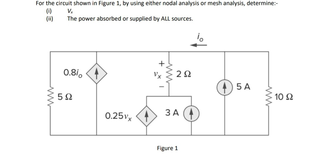 For the circuit shown in Figure 1, by using either nodal analysis or mesh analysis, determine:-
(i)
(ii)
Vx
The power absorbed or supplied by ALL sources.
0.8i,
Vx
2Ω
5 A
5Ω
10 Ω
0.25vx (4
ЗА (4
Figure 1
