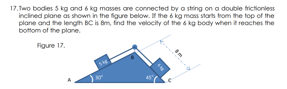 17.Two bodies 5 kg and 6 kg masses are connected by a string on a double frictionless
inclined plane as shown in the figure below. If the 6 kg mass starts from the top of the
plane and the length BC is 8m, find the velocity of the 6 kg body when it reaches the
bottom of the plane.
Figure 17.
В
5 kg
A
30°
45°
8 m
6 kg
