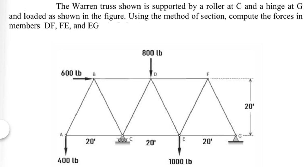 The Warren truss shown is supported by a roller at C and a hinge at G
and loaded as shown in the figure. Using the method of section, compute the forces in
members DF, FE, and EG
800 lb
600 lb
D
20'
20'
20'
20'
400 lb
1000 lb
