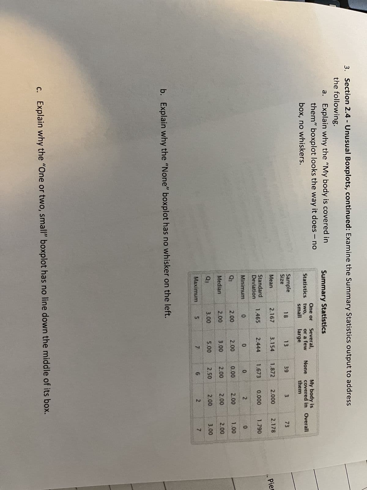 3. Section 2.4 - Unusual Boxplots, continued: Examine the Summary Statistics output to address
the following.
a. Explain why the "My body is covered in
them" boxplot looks the way it does - no
box, no whiskers.
Summary Statistics
One or
Statistics two,
small
Sample
Size
Mean
Standard
Deviation
Minimum
Q1
Median
Q3
Maximum
18
2.167
1.465
0
2,00
2.00
3.00
5
b. Explain why the "None" boxplot has no whisker on the left.
Several,
or a few
large
13
2.444
3.154 1.872
0
2.00
3.00
5.00
My body is
None covered in Overall
them
7
39
1.673
0
0.00
2.00
2.50
6
3
2.000
0.000
2
2.00
2.00
2.00
2
C. Explain why the "One or two, small" boxplot has no line down the middle of its box.
73
2.178
1.790
0
1.00
2.00
3.00
7
. Pier