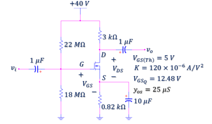 +40 V
kN.
1 µF
22 MQ
D
Vas(Th) = 5 V
Vps K = 120 x 10-6 A/V²
Vaso = 12.48 V
1 µF
G
Vị .
S
VGs
Yos = 25 µs
10 μF
18 MQ
0.82 kn
